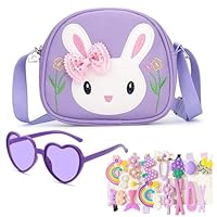 Little Girls Handbag Set, Adorable Rabbit Crossbody Bag with Heart-Shaped Sunglasses and 14 Bow Hair Clips, Cute Rabbit Girls' Shoulder Bags with Adjustable Strap for Birthday Gifts and Toys(Purple)