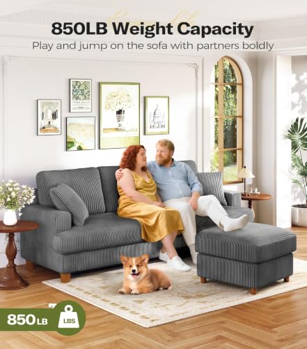 Image of Kidirect 87in Corduroy Couch, 3 Seater Sofa, Sofas & Couches, Grey Couch