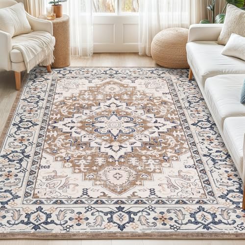 Lofus 6x9 Area Rugs for Living Room, Washable Area Rug, Rugs for Bedroom, Kitchen, Vintage Boho Carpet, Soft Non-Slip, Low Pile Large Area Rug for Office Dining Room, Floral Brown