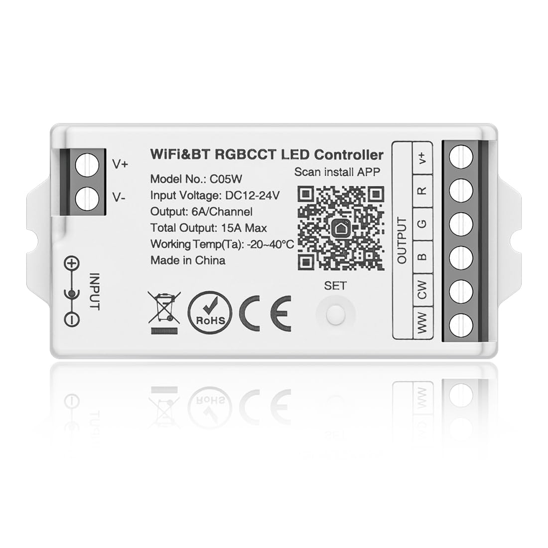 BTF-LIGHTING C05W WiFi Controller for 6pin RGBCCT(+ R G B C W) LED Strip
