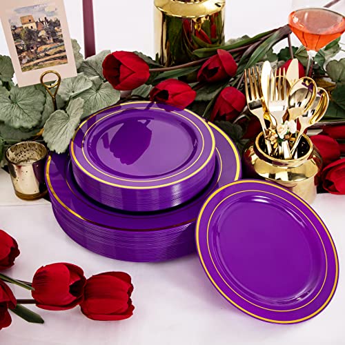 Wellife 200Pcs Purple Gold Plastic Plates With Gold Plastic Silverware,Purple Plastic Dinnerware Includes 40 Dinner Plates,40 Dessert Plates,40 Gold Plastic Cutlery For Party And Weddingsn #TOP2