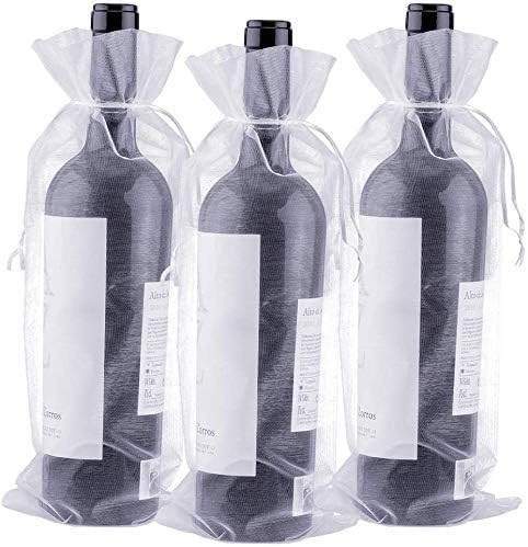 White Organza Wine Bottle Bags 750ml Wine Gift Bags with Drawstring for Gift Wrapping Wine Bottles - 14 x 37CM