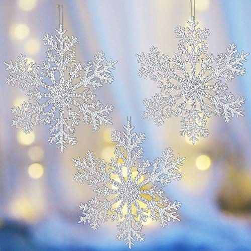 Snowflake Decorations - Set Of 6 Large Glittered Ornaments - Christmas Tree Decorations 8.25" D - Hanging Snowflakes - Winter Wonderland Party - Craft Accessories #TOP6