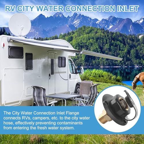 Image of RV City Water Inlet with Check Valve, RV Water Fill Inlet 3 /4 NH Female to 1 /2 NPT Male Black Flange, City Water Inlet for Camper RV Trailer Motorhome Marine