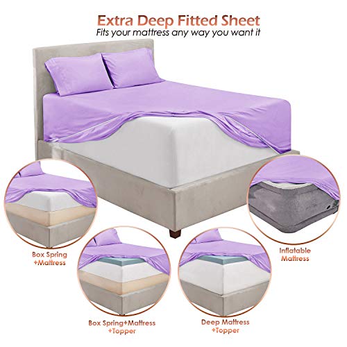 Image of Hearth & Harbor Extra Deep Pocket 5-Piece Bed Sheets Set - Super Deep Fitted Sheet 18 - 24 inces Depth, Fits High Profile Mattresses with Toppers, Split King, Lavender