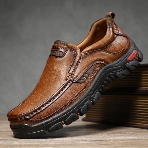 Mens Handmade Leather Slip On Casual Loafers for Men Retro Round Toe Non Slip Breathable Boat Shoes for Driving Walking Business Working Office3