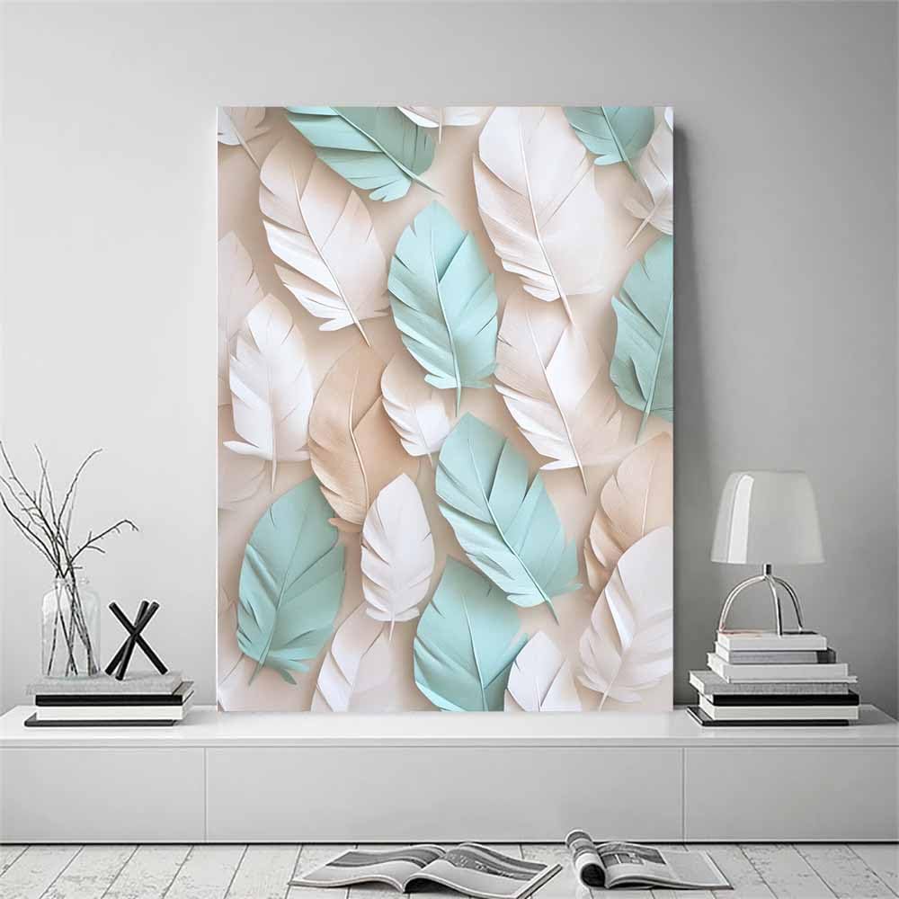 QUSAAOU Muralo Leinwandbild Beige Türkis Feder Muster Wand Deko Abstraktion-Motiv Bild FüR Wohnzimmer Schlafzimmer BüRo Restaurant Wandbild Wanddeko Modern Vintage(Beige)-40x60cm Gerahmt