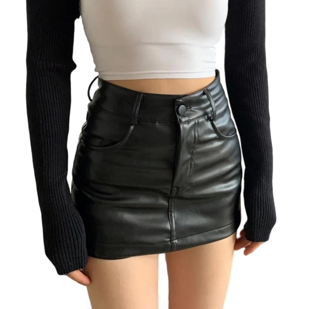 Kelsiop Minifalda de piel sintética de cintura alta para mujer, falda corta acampanada Y2k Streetwear