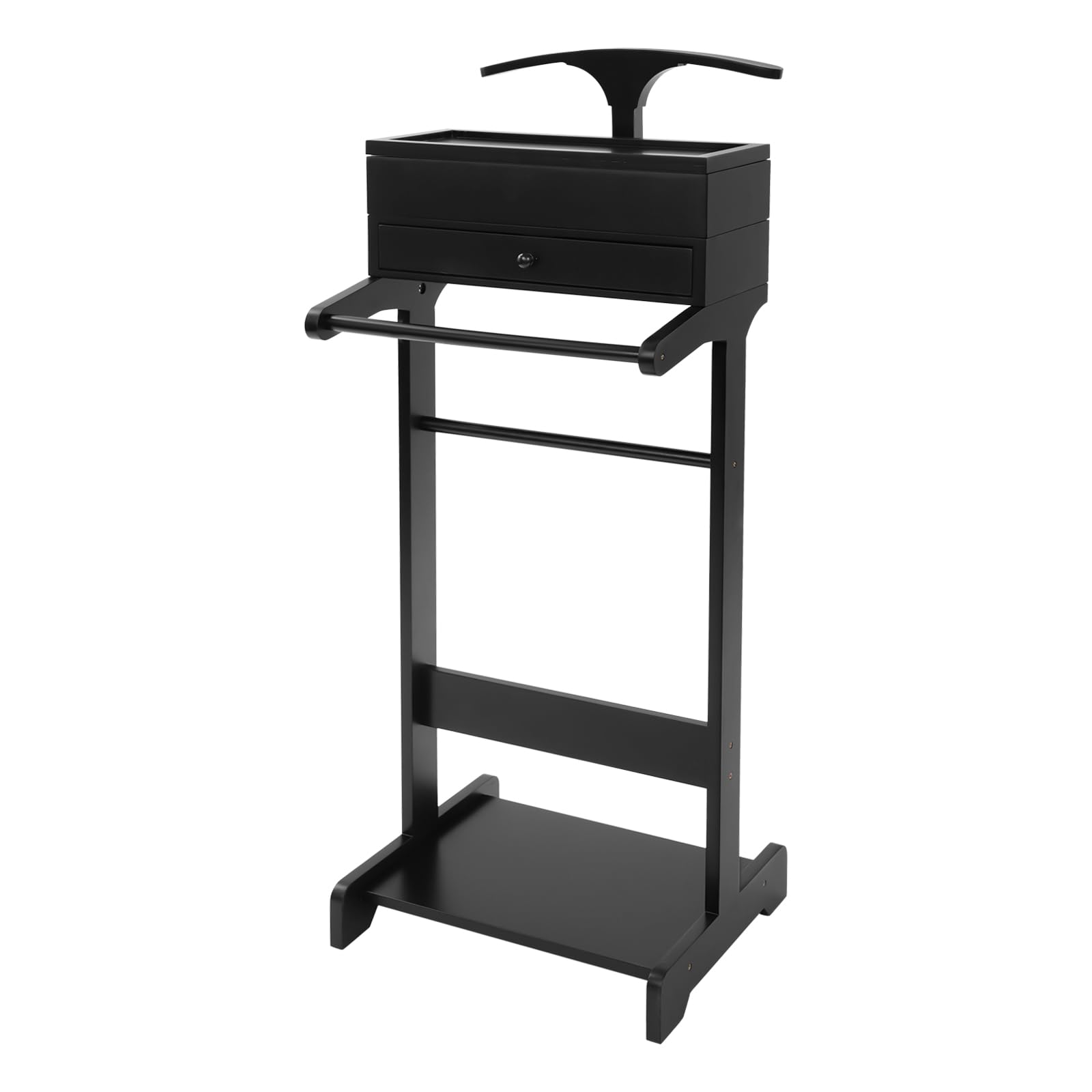 Valet Stand with Drawer and Top Tray, Wood Mens Suit Valet Stand with Wood Base, Freestanding Clothes Valet Stand with Hanger, Storage Organizer for Entryway Office Living Room (E, Black)