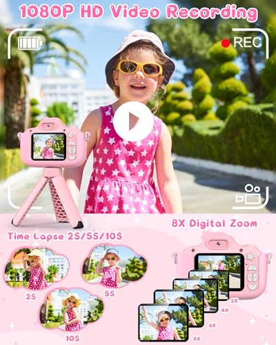 Macchina Fotografica Bambini, GREENKINDER Fotocamera Bambini con Treppiede, 2,0 Pollici 1080P HD Fotocamera Selfie, con Scheda da 32GB e Cordino, Regalo per Bambina 3-12 Anni, Rosa