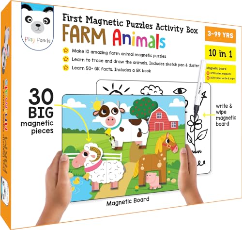Image of Play Panda Magnetic Puzzles Farm Animals 10 in 1 with 10 Magnetic Puzzles,Write&Wipe Magnetic Board,50+ GK Facts,Sketch Pen&Duster-Make Beautiful Magnetic Animals-Educational Toy for 3+