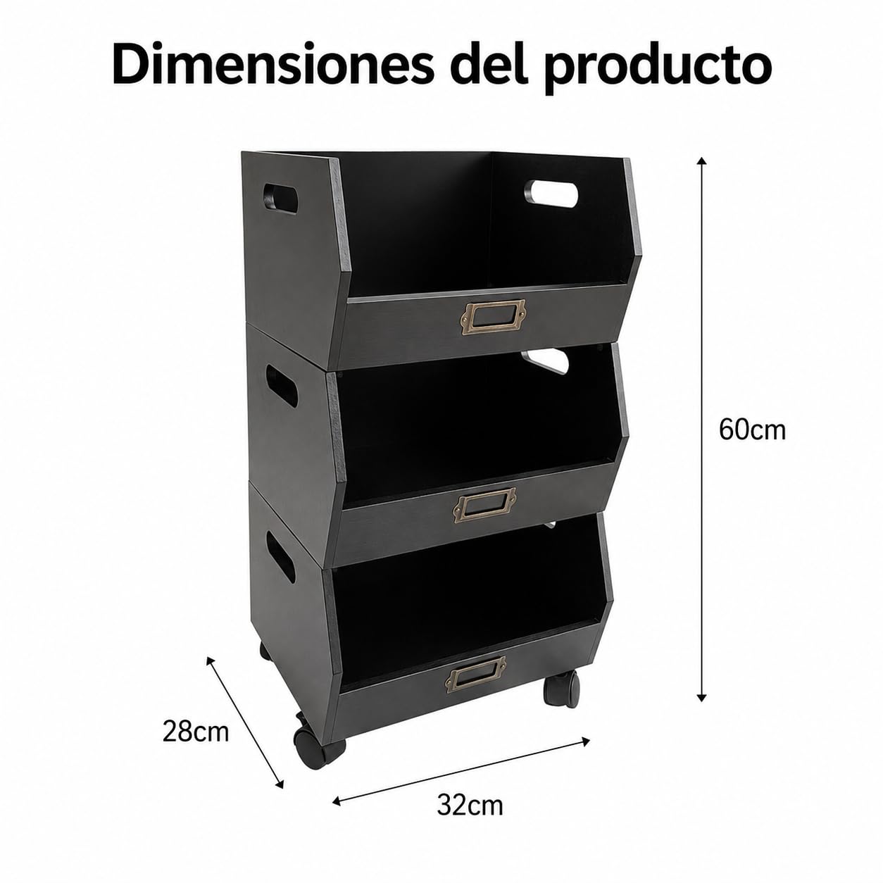 XZ-23007 Organizador Extraibles con Ruedas 3 Niveles Multiuso 32x28x60cm - Cajas de Almacenaje de Madera para Organizar Libros, Documentos, Frutas, Verduras Color Negro