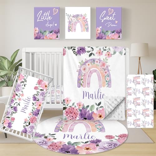 Personalized Baby Crib Bedding Set, 5 Piece Custom Name Baby Crib Bedding with Blanket, Fitted Sheet, Rug, Changing Pad Cover, Wall Art for Infant Toddler Boys Girls, Gift, Rainbow Floral Theme