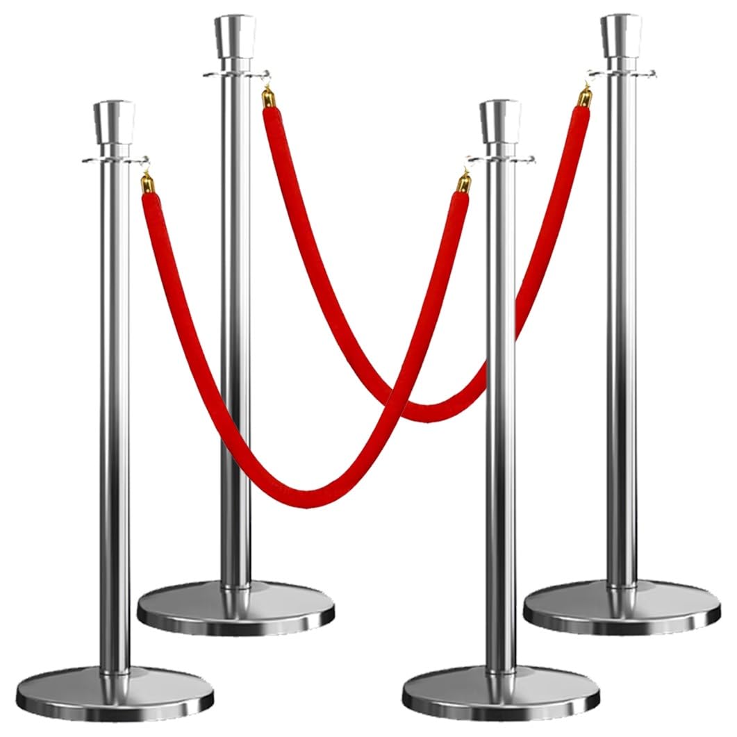 Aioneer Stainless Steel Stanchion Post With Velvet Ropes, Crowd Control Barriers For Events, Safety Barriers For Theaters, Museums, And Weddings-Silver-4 Pack