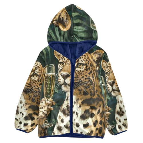 Leopard Holding Glass Wine Toddler Fleece Jacket Girl Boys Hooded Fleece Jacket Coat Warm Outwear Zip-up 3-10T