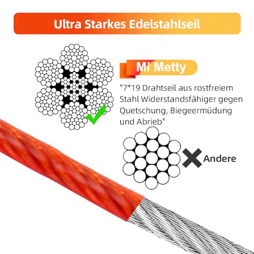 Mi Metty Tie-Out Leinen für Hunde,3m Kausichere Hundeleinen,Tie Out Cables Hofleine Für mittlere bis große Hunde(Rot,10ft-3M)