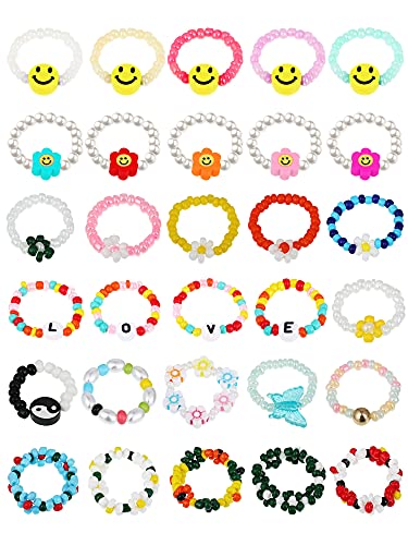 30 Pieces Flower Bead Rings Set Daisy Flower Beaded Rings Handmade Smile Face Rice Bead Rings Boho Beach Rings Colorful Stretch Jewelry Rings for Women Girls?Elegant Style?