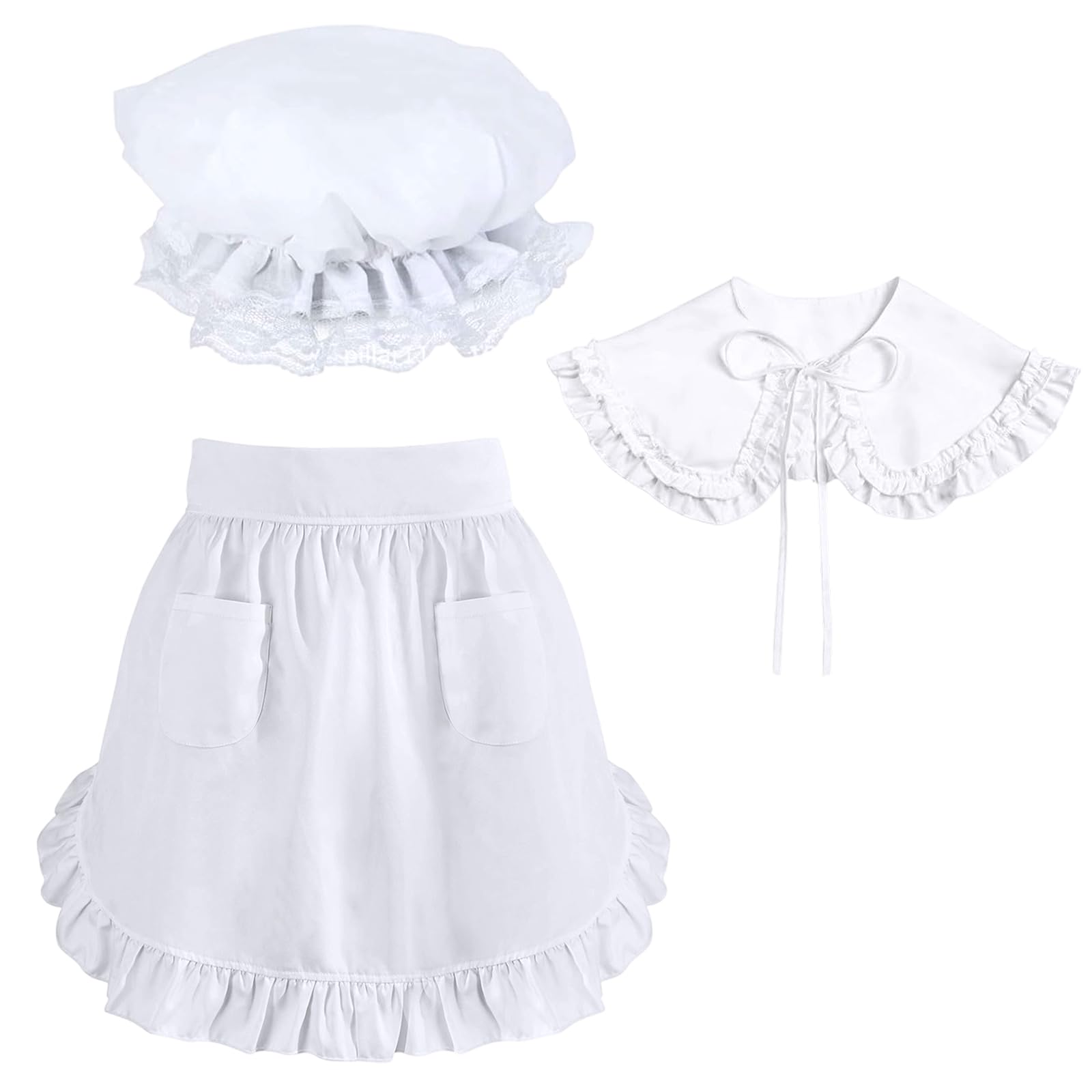 RJQZN 3 Pcs Victorian Costume Women, White Colonial Bonnet, Shawl, Ruffle Waist Apron with Pockets, Maid Outfit for Halloween, Cosplay Fancy Dress