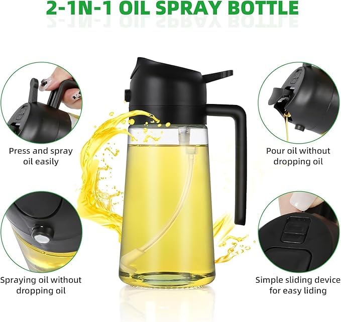 Xoxy 500ml 2 in 1 Olive Oil Sprayer and Oil Dispenser Bottle for Kitchen, Glass Oil Bottle with Premium Nozzle, Oil Sprayer for Air Fryer, Salad,Roasting (Pack of 1)