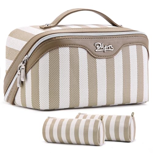 BOYATU Travel Makeup Bag for Women: 3 Pcs Set Striped Make up Bag,Apricot