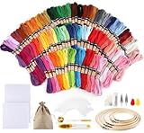 ilauke Fils à Broderie Kit, 100 Color Embroidery Floss Set pour 5 Cercles Bambou, 30 épingles à Coudre, 2 Tissus à Broder Aida et kit d'outils de Point de Croix, avec Sacs en Jute