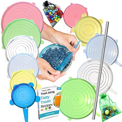 FabQuality 15 STKS - Siliconen stretch deksels 12 stks, met 2 geschenkzakken Verschillende maten en vorm van containers, herbruikbare, duurzame en uitbreidbare voedselcovers, voedsel vers houden, vaatwasser