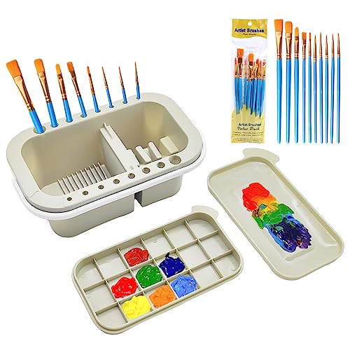 ZLY Paint Brush Cleaner Palett Basin with 10 PCS Paint Brushes,Paints Brush Holder and Organizers with Palette for Acrylic, for Watercolor and Water Based Paints (Gery)