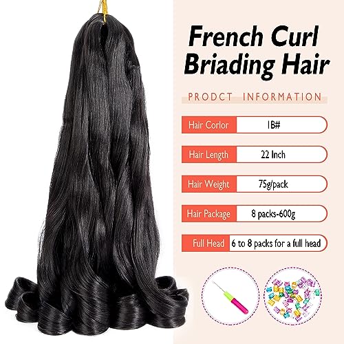 8 Packs French Curly Braiding Hair 22 Inch Pre Stretched Braiding Hair Loose Wave Spiral Curl Braids Crochet Hair with Curly Ends for Black Women by Originea (1B#) - Image 2