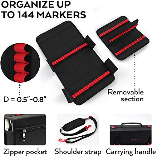 Arteza Art Markers & Pens Organizer, 144 Slots, Carrying Travel Case With Zipper Pocket And Handle, Removable And Adjustable Strap, Art Supplies For Storage And Organization #TOP2