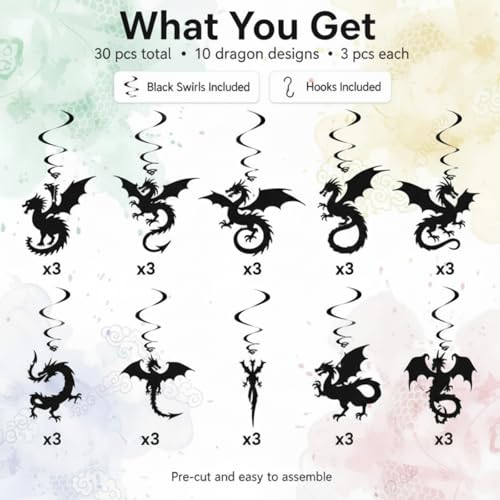 Image of Sumind 30 Pcs Dragon Hanging Swirls Party Decorations, Black Dragon Ceiling Hanging Decor for Medieval Fantasy Themed Birthday Party Supplies, 10 Designs