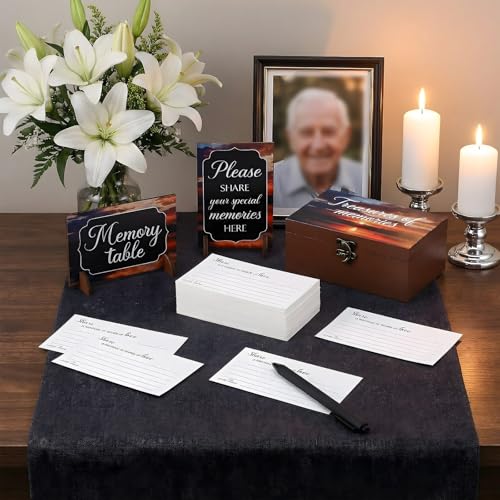 Image of Gilprop 112 Pcs Celebration of Life Memory Cards Set Share a Memory Cards with Box 2 Wood Sign with 4 Hold and 5 Pens, Sympathy Memorial Gifts Funeral Keepsake Decorations(Dusk)