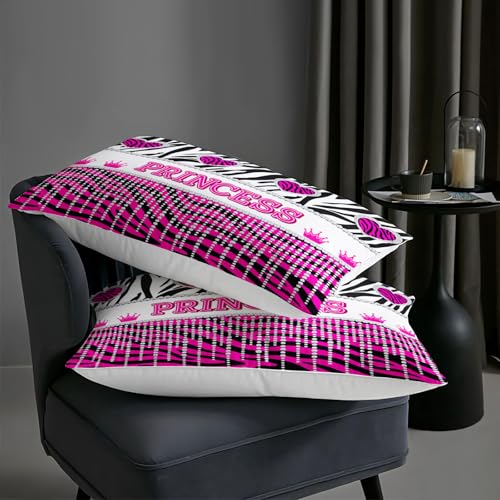 Image of AILONEN Hot Pink Princess Comforter Queen Size with 2 Pillowcases,Zebra Stripes Bedding Set 3Pcs for Girls,Glitter Crown & Heart Quilt Set for Home Decor
