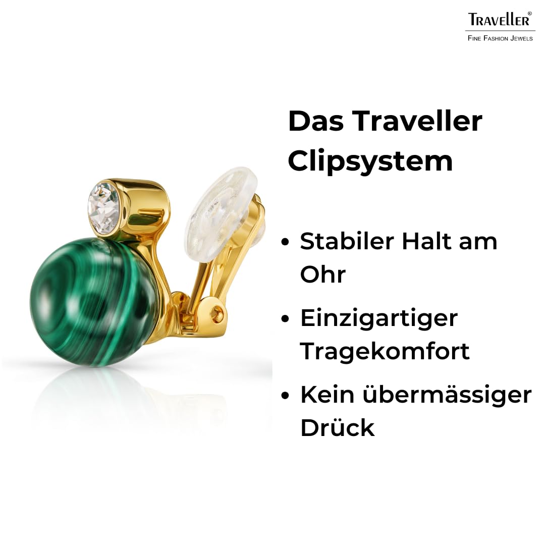 Traveller Ohrclip - Damen - echter Malachit - Ø 10 mm - Kristall - 22kt vergoldet - 15x10 mm - 112502