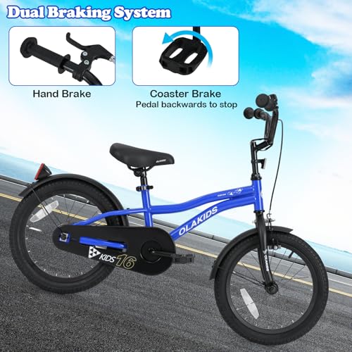 Image of Olakids Kids Bike, 12 14 16 18 Inch Toddlers Bike with Training Wheels Safety Bell Adjustable Seat and Handlebar, Handbrake and Coaster Brake, Children's Bicycle for Boys Girls