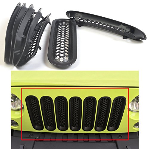 MOEBULB Upgrade Clip in Version Mesh Front Grill Insert Grille Cover Trim Compatible for 2007-2015 Jeep Wrangler JK 2-Door & 4-Door (Without Key Hole, Matte Black)
