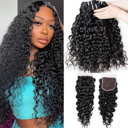 Water Wave 3 Bundles with Closure 100% Unprocessed Brazilian Water Curly Human Hair Weave with 4x4 Free Part Lace Closure Natural Color (18 20 22+16,Bundles with Closure)