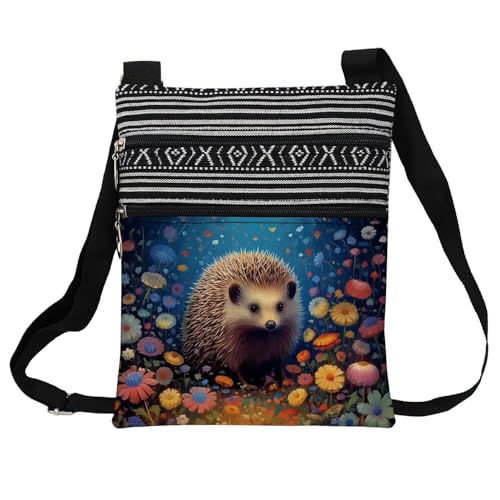 Floral Hedgehog Messenger Bag Small Ethnic Pattern Printed Adjustable Strap Crossbody Zipper Bag Floral Hedgehog Phone Bag Wallet Cute Shoulder Handbag for Women Friends -1