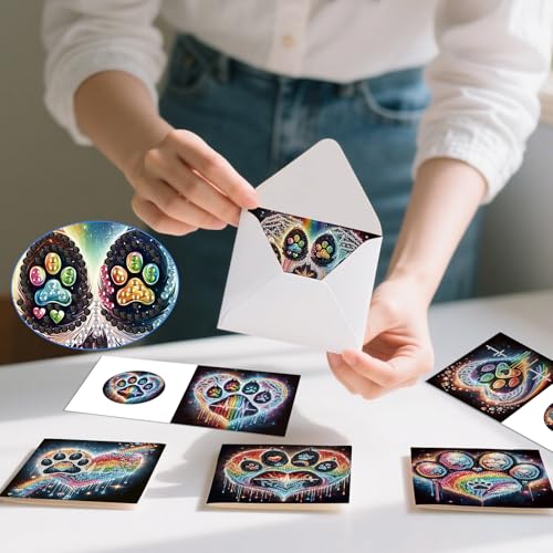 Image of 6 Pack Diamond Painting Greeting Cards with Envelopes, DIY 5D Diamond Art Card Kit Colorful Artistic Paw Designs, 30x15cm Handmade Rhinestone Cards Crafts for Pet Lovers and Creative Greetings
