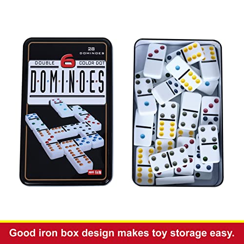 Offelec TH0017-6D Double Six Dominoes, 28 Tile Colored Dots Domino Game Set With Tin Box, Classic Family Board Games For Kids thumb #4