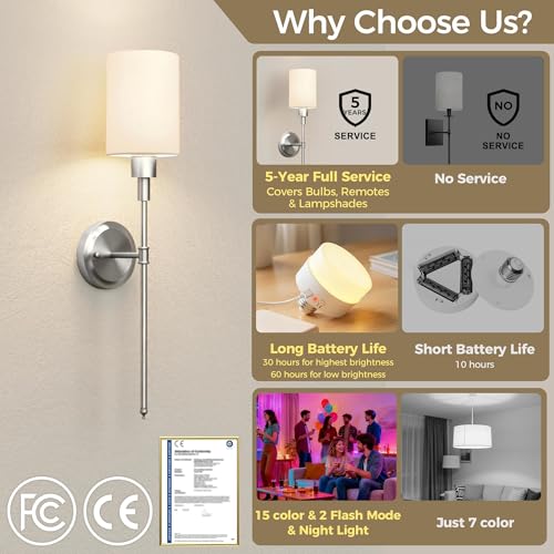 Image of DORESshop Battery Operated Wall Sconce Set of 2, Wireless Wall Light Easy to Install, 7 Color Rechargeable Wall Sconces, Sconce Wall Decor Set of 2 for Bedroom, Living Room, Nickel, 24.3in