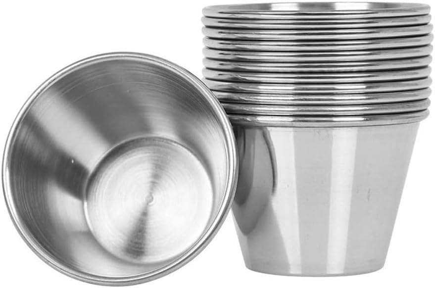 Wakauto Stainless Steel Condiment Cups 12 Pack 2.36 Inch Round Sauce Dipping Cups for Ketchup Mustard Salt Pepper Restaurant Use