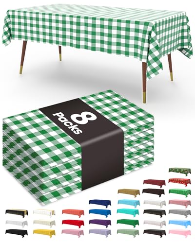 Image of Pureegg Plastic Table Cloth Disposable 8 Pack, 54 x 108 Inch Table Cloths, Easter Party, Picnic, Wedding, Decorative Tablecloths, Rectangle, Baby Blue Plastic Cover, Leakproof & Sturdy, Green Plaid