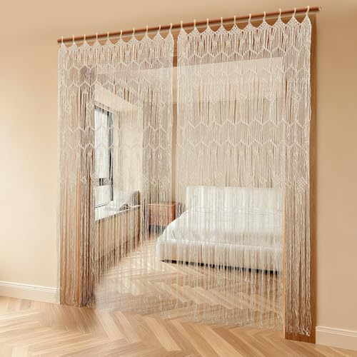 TouTToNG 2 cortinas de macramé para puerta, tapices bohemios, separadores de habitaciones para puertas y ventanas, de algodón, para salón, dormitorio, boda (blanco)