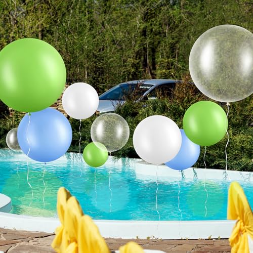 Image of Gejoy 24 Pcs Pool Giant Balloons 36 /24 /18 Inch Jumbo Large Big Latex Balloons Bulk with Ribbon for Pool Decorations Garland Arch Wedding Birthday Supply, Needs to Be Filled with Helium(Green,White)