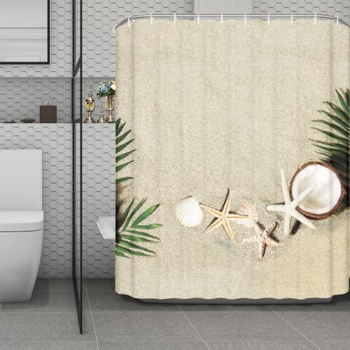 Rideau douche 180x220 plage jaune en polyester lavable pour baignoire - 2