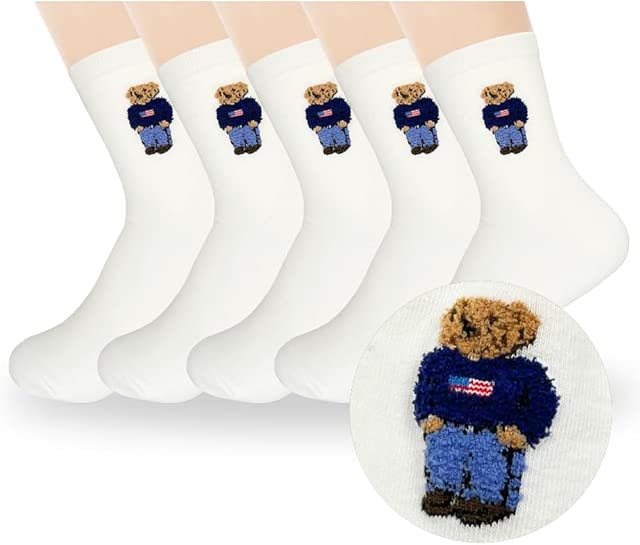 HONGSI ART 5 Pairs Cute Bear Cotton Crew Socks, Size 4-7