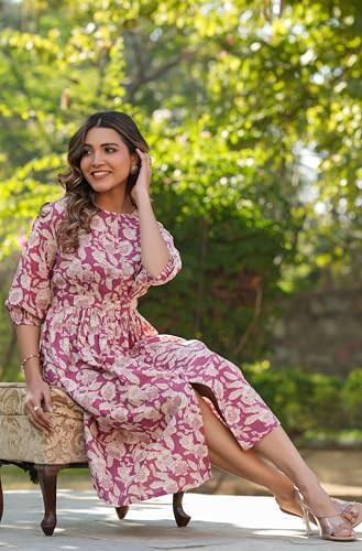 Image of Janasya Women's Cotton Floral Printed Gathered Dress