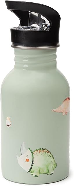 J.Børn Kids Stainless Steel Light Weight Water Bottle with Straw for School 350ml | Non-Insulated, Single-Skinned Eco Bottle | Great for a Lunch box or Gift (Dinosaurs)
