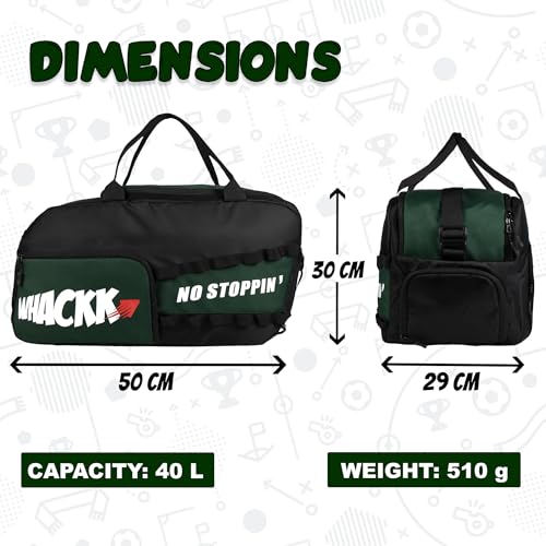 Image of Whackk Arnold 40L Gym & Sports Duffle Bag | Workout, Training & Travel Kitbag with Separate Shoe & Wet-Dry Pocket | Unisex | Lightweight | Made in India (Green Black)