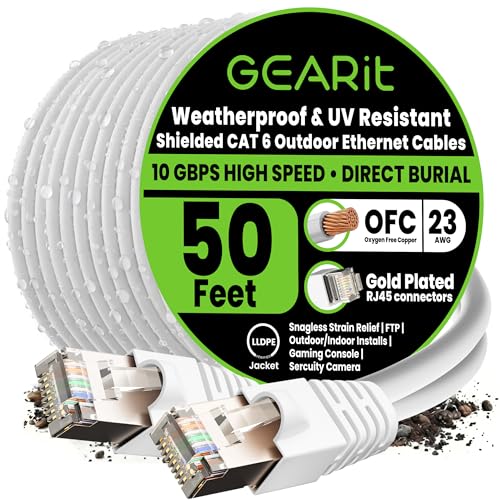 Image of GEARit Cat6 Outdoor Ethernet Cable (50ft) 23AWG Pure Copper, FTP, LLDPE, Waterproof, Direct Burial, In-Ground, UV Resistant, POE, Network, LAN, Internet, Cat 6, Cat6 Cable - 50 Feet